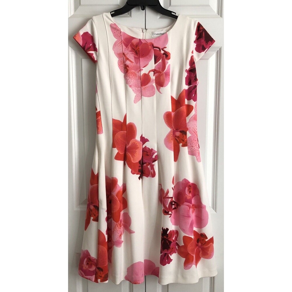 CALVIN KLEIN Womens Dress Pink/White Fit/Flare Pleated Sleeveless Dress-Size 8 #